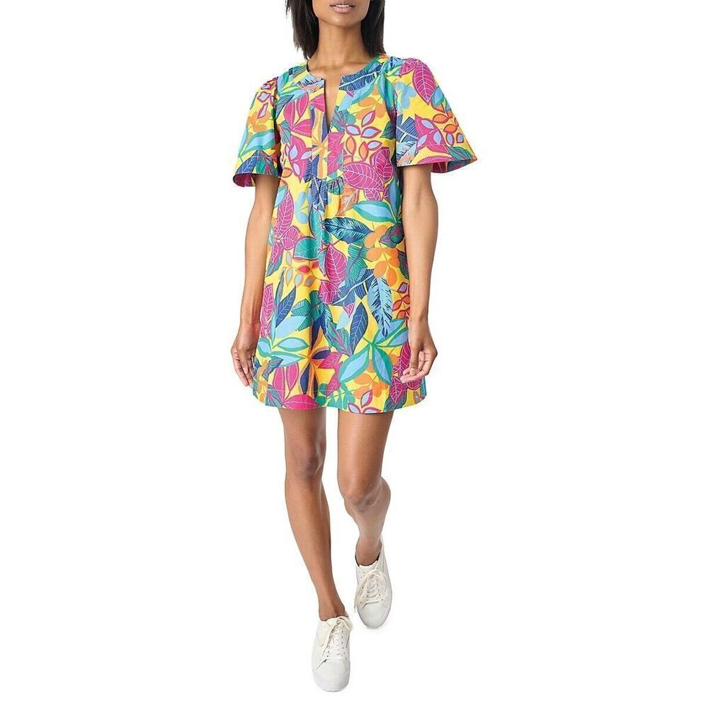 GIBSONLOOK Cabana Tropical Print Shift Dress Ruffle Sleeve Cruise Women's Small